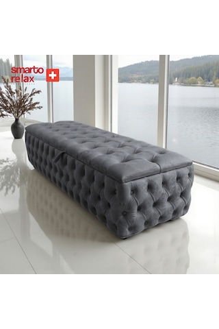 Smarto Relax Swiss Style Saas-fee Sandıklı Baby Face Puf, Kapitoneli Sandıklı, 100x45x45 Cm, Babyface Kaplama Dekoratif Puf Gri