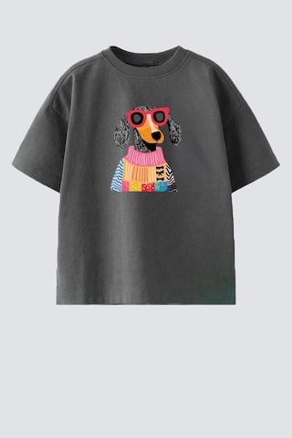 Monila Kız Çocuk Köpek Baskılı Pamuklu Bisiklet Yaka T-shirt Antrasit