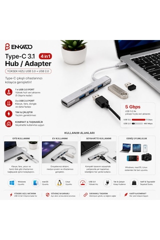 Enkado Ekd-tp50 Usb Çoğaltıcı Hub Adaptör 4ın1 Usb 3.0 Usb 2.0 Type-c 3.1 Giriş 4 Anahtarlı Port