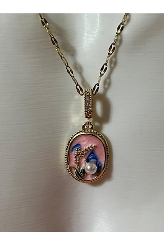 Vıntage Kabartmalı İncili Sanat Kolye Pembe Mineli 316l Çelik Renkli