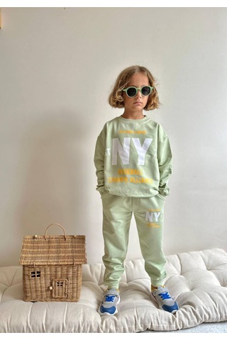 Jolly Kids Erkek Çocuk Mint Yazı Baskılı Sweatshirt Takım Mint Mint Yeşili