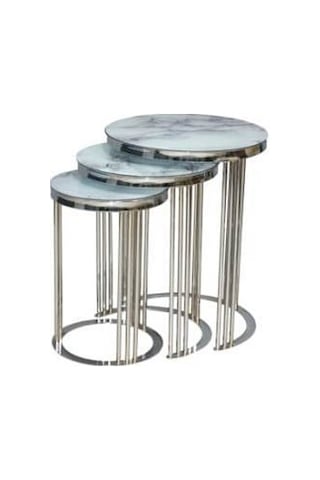 Bengi Brc C Zigon Sehpa C 3'lü 1068 Beyaz Mermer Desen Metal Parlak Krom Ayak El Yapım