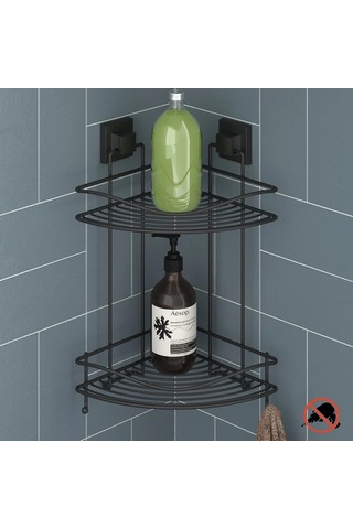 Banyo Köşe Rafı Kendinden Yapışkanlı 2 Katlı Kancalı Easyfix Siyah Siyah