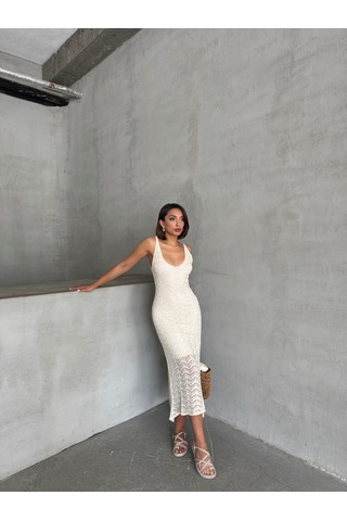 Kadın Askılı Ajurlu Yazlık Triko Elbise Krem