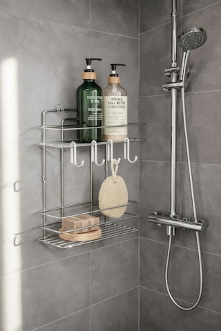 Sas Haus Lüks Krom Metal 2 Katlı Banyo Rafı Şampuanlık Ve Duş Rafı Askılı Yapışkanlı Duvara Monte Tş-02 Krom