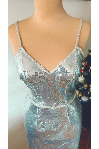 Chica Rosa Fashion Gümüş Pullu Askılı Midi Elbise