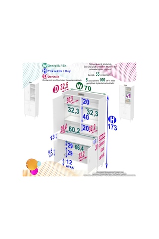 Eliusta Rivo 4 Raflı Banyo/mutfak Dolabı 70 Cm Beyaz Renkli Çok Amaçlı Dolap 70x173x32,5 Cm Ebatlarında Beyaz