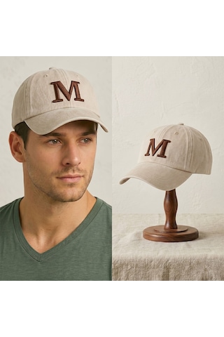Bk Gift Kişiye Özel Harf Nakışlı Vintage Gri Beyzbol Şapkası Unisex Eskitme Kumaş Metal Tokalı