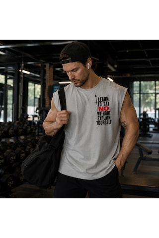 Urbantrendstore Baskılı Premium Sporcu Atleti Gym Tişört %100 Pamuklu Fitness T-shirt Açık Gri