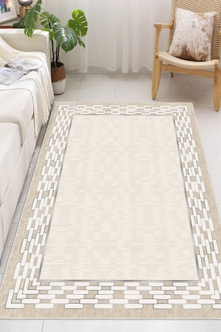 Çerçeveli Modern Kaymaz Taban Makinede Yıkanabilir Halı Oturma Odası Salon Halı Koridor Halı Krem