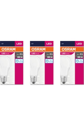 Osram Led Value 8,5W 6500K Beyaz Işık 806lm E27 3 lü Paket