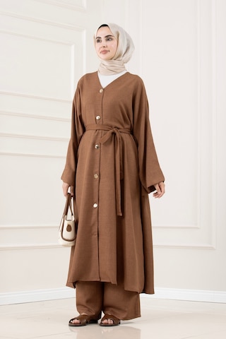 Sevitli Düğmeli Davin Abaya İkili Takım-kahverengi-5876