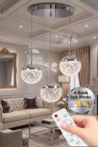 LumiaLighting Küre Model 3'lü Gümüş Kumandalı 3 Renk Modu Ledli Kristal Taşlı Modern Salon Mutfak Oturma Odası Led Avize