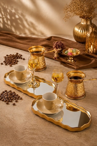 2 Kişilik Aynalı Gold Sunum Servis Tepsisi Tepsi Dekoratif Ayna Altın Sarısı