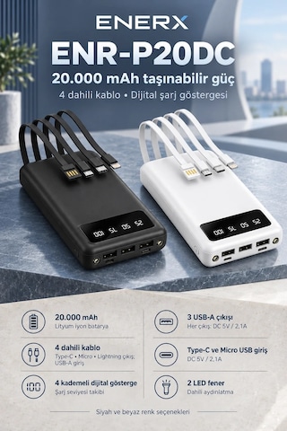 ENERX Enr-p20dc 20.000 mAh 2.1 Amper Dahili Kablolu Powerbank Siyah