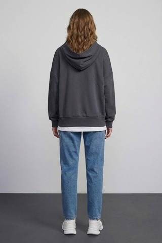 Quzu 01407 Kadın Baskı Detaylı Kapüşonlu Sweatshirt Antrasit
