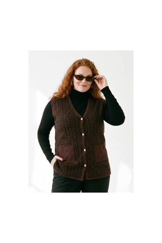 Onno Style Women Büyük Beden Çelik Örgü Klasik Leopar Desen Triko Kadın Yelek Bordo