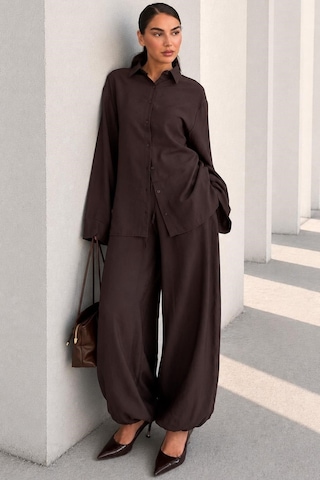 Madmext Kahverengi Oversize Gömlek Balon Pantolon Kadın Takım Mg2779