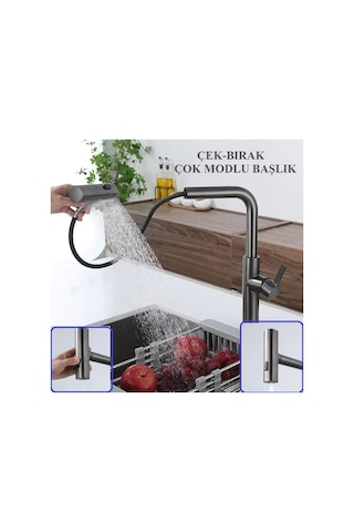 Rena Design Çok Modlu Antrasit Mutfak Evye Bataryasi Spiralli Çek Birak Başlik Yağmurlama Anrasit