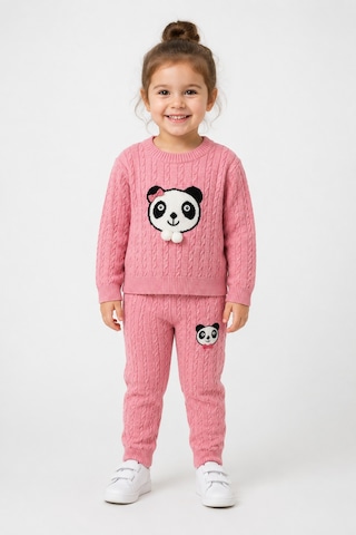 Babyhola 1-5 Yaş Kız Çocuk Panda Desenli Saç Örgü Kışlık Triko Takım 23217 Fuşya