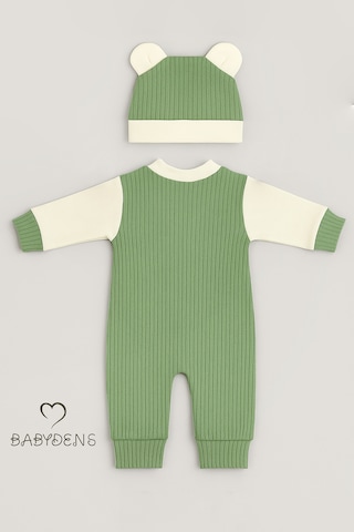 Babyden's Teddy Bear Temalı Yenidoğan Fitilli Tulum Takımı Ayıcıklı Erkek Bebek Tulum Şapka Set %100pamuk Yeşil