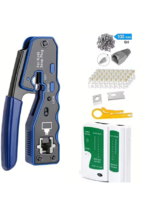Cat7/cat6 Yeni Nesil Pense 8p8c + 100 Adet Yeni Nesil Delikli Jak + Rj45 Rj11 Test Cihazı + 100 Adet Cover Kılıf + Kablo Soyucu