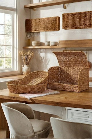 Mien Doğal Rattan 3’lü Hasır Set | Kapaklı Ekmek Sepeti ve Dekoratif Sunum Sepetleri