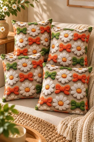 4'lü Set Çiçekli Dekoratif Kırlent Kılıfı 43x43 Cm, 3d Efektli Dijital Baskılı - Papatya Demeti Çok Renkli