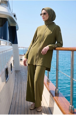 Armine Trend Kolları Halka Detaylı Boydan Fermuarlı Pantolonlu İkili Takım Yağ Yeşili 26yt672