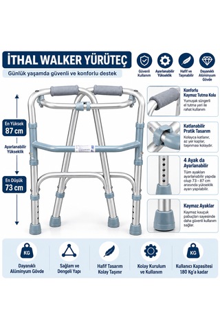 Katlanabilir Walker Yürüteç Ayarlanabilir Yükseklik 73-87 Cm Alüminyum Gövde 180 Kg Taşıma Kapasitesi