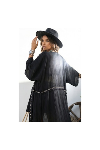 Kuşgözü İlmek Şerit Detaylı Püsküllü Bilekte Uzun Maxi Bohem Boho Plaj Tatil Doğal Kimono Kaftan Siyah