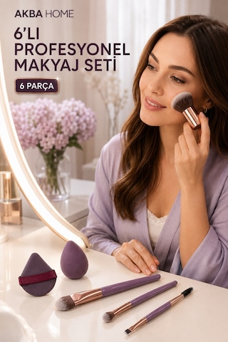 6 Lı Profesyonel Makyaj Fırça Seti Kabuki Fondöten Far Kaş Fırçası Sünger Ve Pudra Pufu