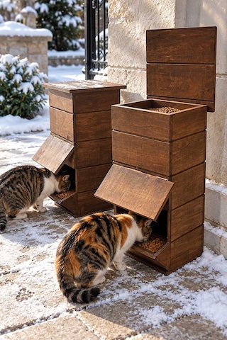 Reyo Ahşap Ceviz Cilalı Mama İstasyonu, Yağmura Ve Rüzgara Dayanıklı Uzun Ömürlü Sokak Kedileri İçin Mama Kabı 50x25x25 Cm Mldcat Monteli Teslimat