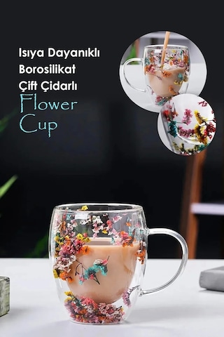 2'li Çiçekli Bardak Kulplu Isıya Dayanıklı Borosilikat Çift Çidarlı Flower Kahve Sunum Bardağı Çiçekli