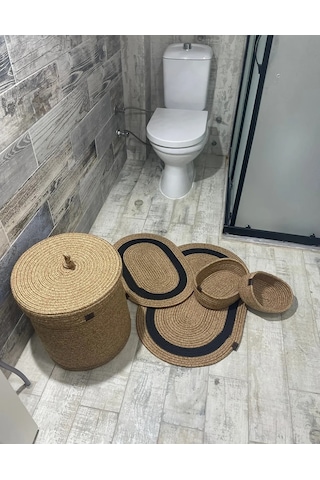 Jüt Hasır 5li Banyo Seti - Siyah Çizgili Siyah