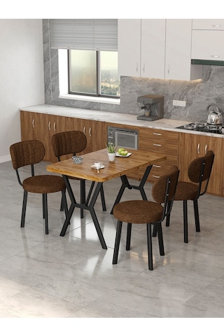 Azra 70x110cm Atlantik Mutfak Masası, Mutfak Masası Takımı, Yemek Masası, 4 Kahverengi Sandalye Kahverengi