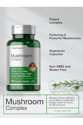 Horbaach Mushroom Complex Reishi, Chaga, Lions Mane 150 Caps Aromasız