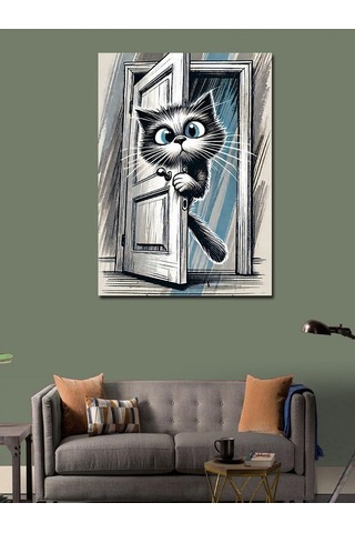 Kanvas Tablo Meraklı Kedi Ve Kapı Sürprizi 100cmx140cm