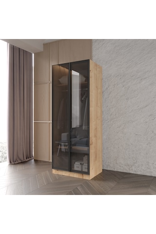 Ülgen 2 Kapaklı Giyinme Dolabı Tamamı Mdf Led Askı Borusulu Füme Camlı Safir Meşe