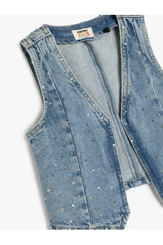 Koton Yıldız Detaylı V Yaka Kolsuz Pamuklu Denim Yelek Lıght Indıgo 5skg20012ad Açık Mavi