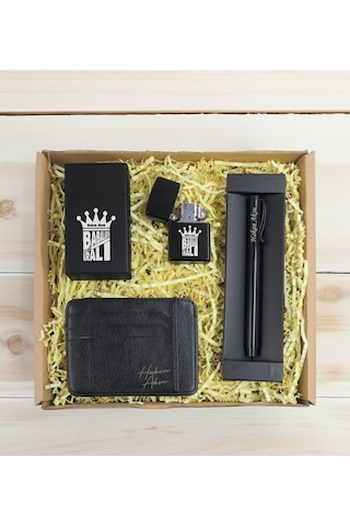 Bk Gift Kişiye Özel İsimli Baba Temalı Siyah Metal Kalem&çakmak&sigara Kutusu&kartlık-cüzdan Hediye Seti, Sevgiliye Hediye-3, Babaya Hediye, Babalar G