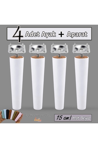 4 Adet Ahşap Ayak 15 Cm Beyaz M8 Civatalı Bağlantı Aparatlı Dolap Mobilya Koltuk Kanepe Destek Ayağı Ayakları Beyaz