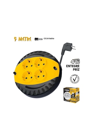 Sgs Saklı Kablolu Makaralı Uzatma Kablosu Siyah Cca 3x1.5 - 4 Priz - 5 Mt. 5 m