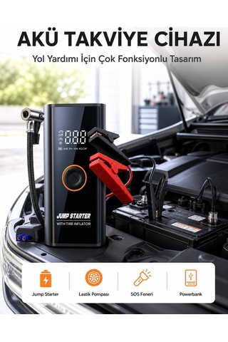 Sos Fenerli Akü Takviye Cihazı Dijital Kompresör Powerbank Yeni Nesil