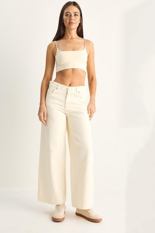 Shade Kadın Desenli Cep Detaylı Yüksek Bel Wide Leg Denim Pantolon 60282059 - Krem