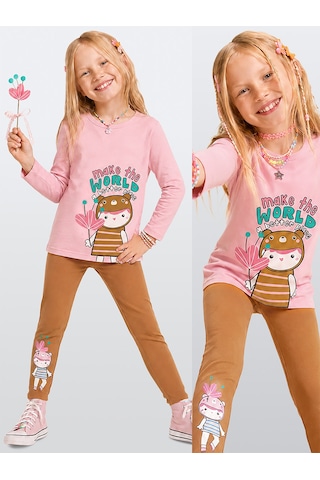 Kız Çocuk Pamuklu Uzun Kollu T-shirt & Tayt Takımı – Sevimli Karakter Baskılı (2-8 Y)