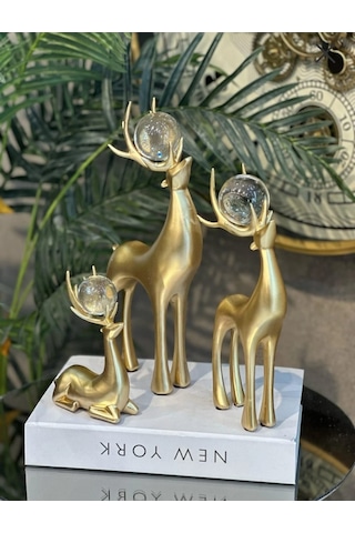 3 Lü Kristal Küreli Geyik Aksesuar &gold Boynuzlu Kristal Toplu Dekor Obje Gold