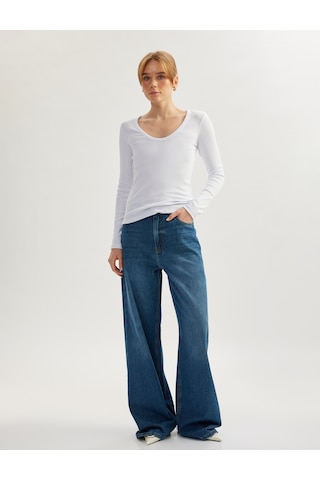 Koton Pamuklu Uzun Kollu U Yaka Slim Fit Fitilli Tişört Beyaz 5sak50232ek