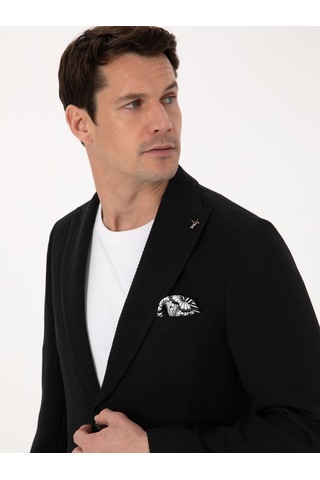 Cacharel Siyah Slim Fit Yün Karışımlı Kırlangıç Yaka Balık Sırtı Blazer Ceket