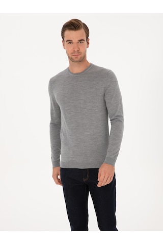 Cacharel Gri Slim Fit Kaşmir İpek Karışımlı Bisiklet Yaka Triko Kazak